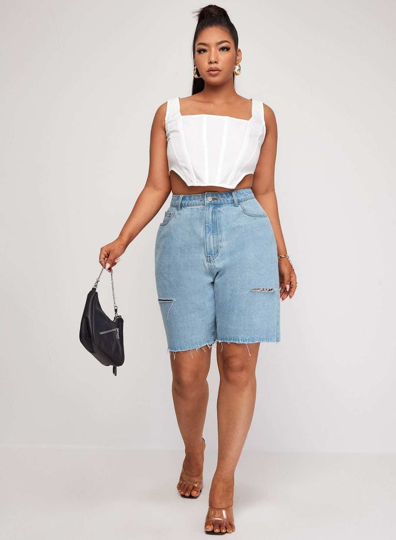 Plus Ripped Raw Hem Bermuda Denim Shorts