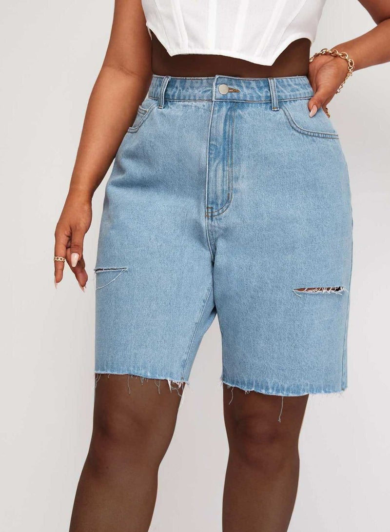 Plus Ripped Raw Hem Bermuda Denim Shorts