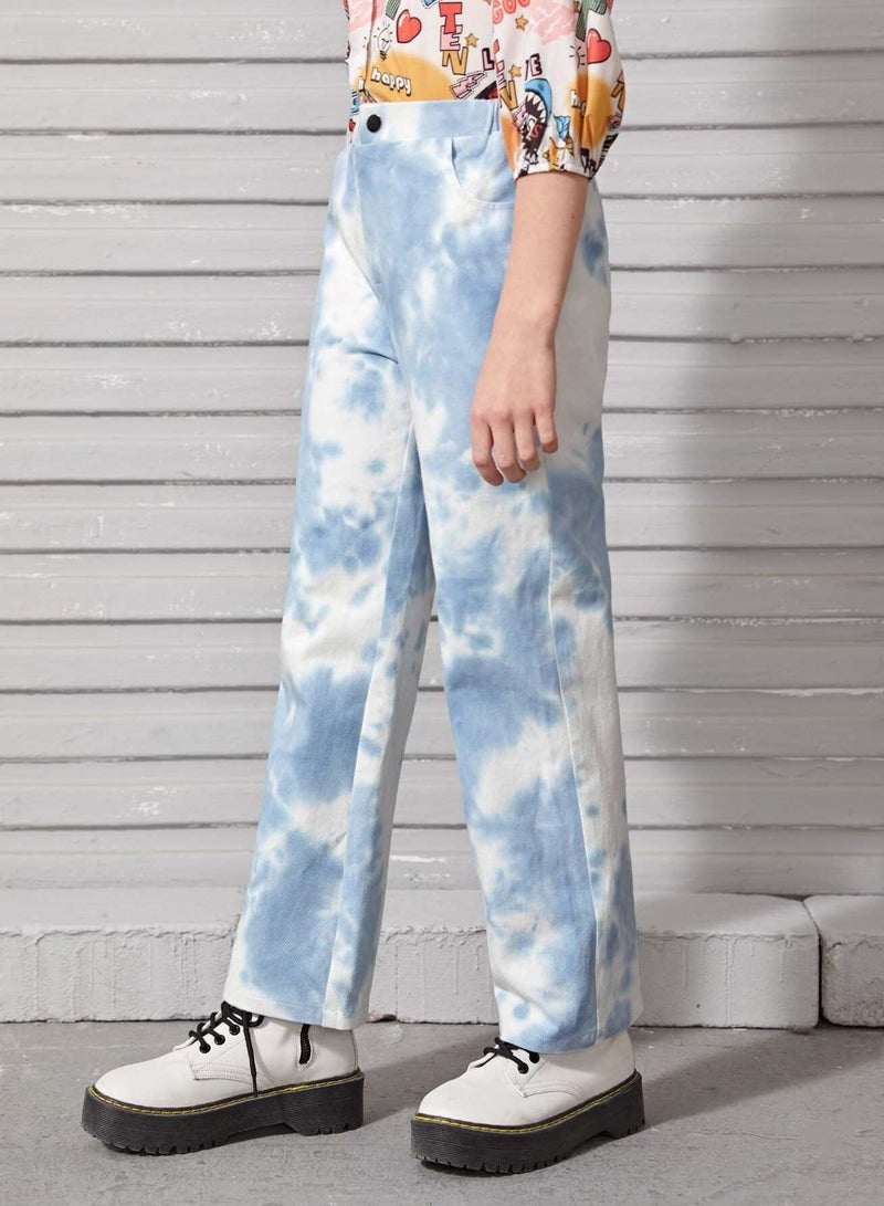 Girls Button Detail Elastic Waist Tie Dye Pants