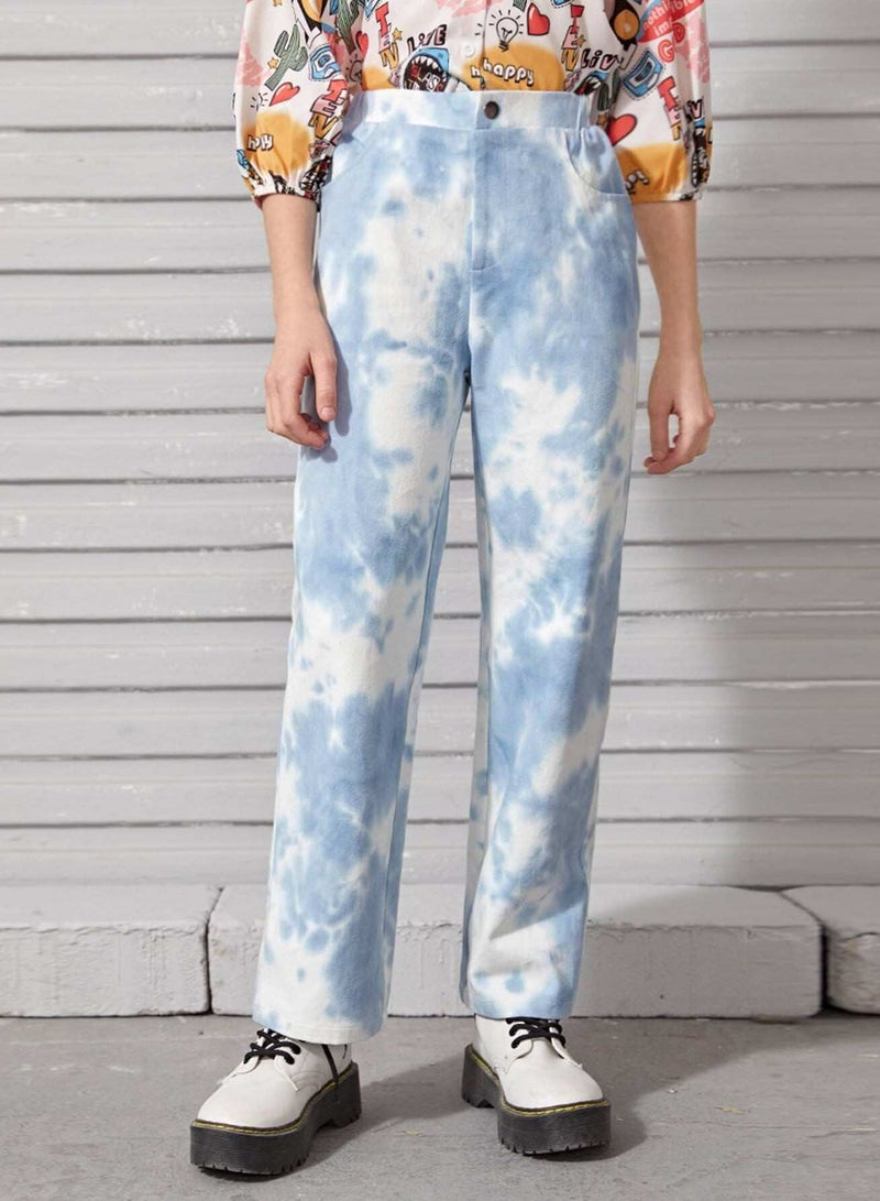 Girls Button Detail Elastic Waist Tie Dye Pants