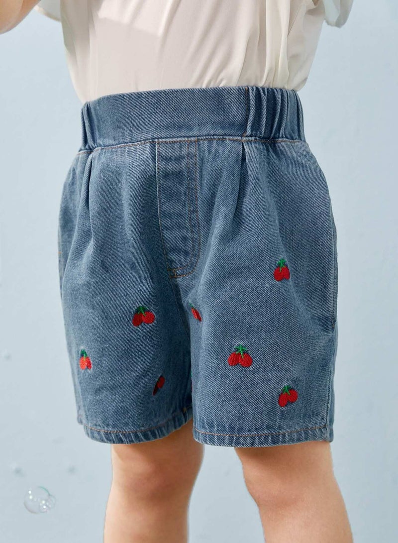 Toddler Girls Cherry Embroidery Denim Shorts