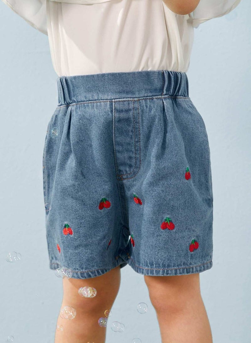 Toddler Girls Cherry Embroidery Denim Shorts