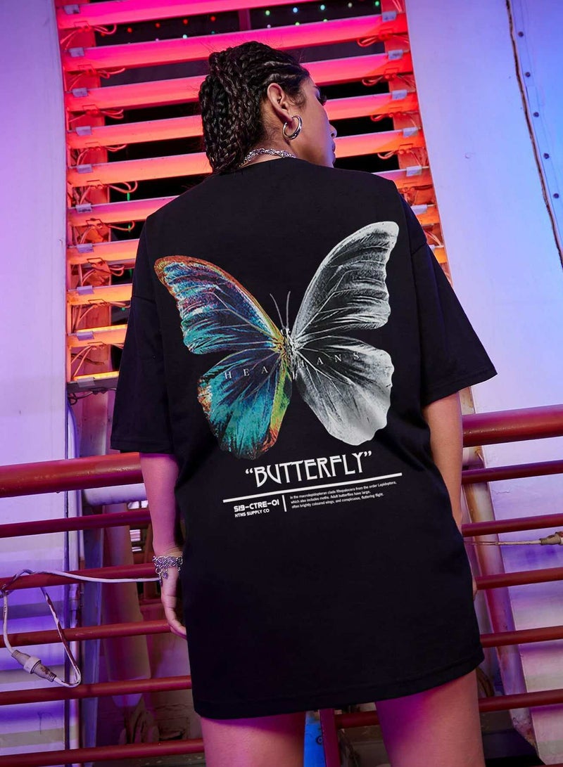 Butterfly & Slogan Graphic Oversized Tee