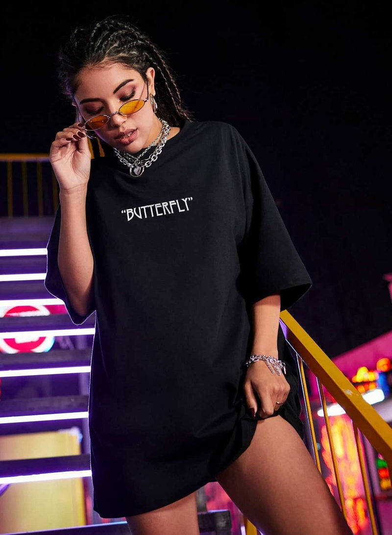 Butterfly & Slogan Graphic Oversized Tee