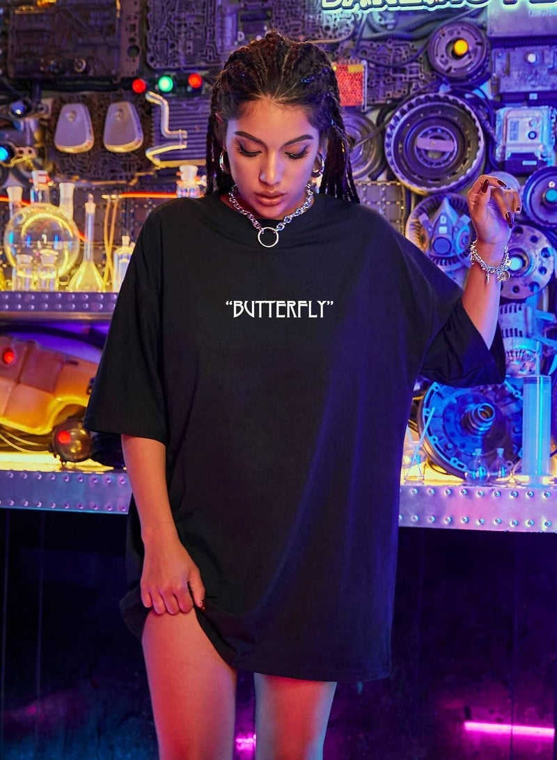 Butterfly & Slogan Graphic Oversized Tee