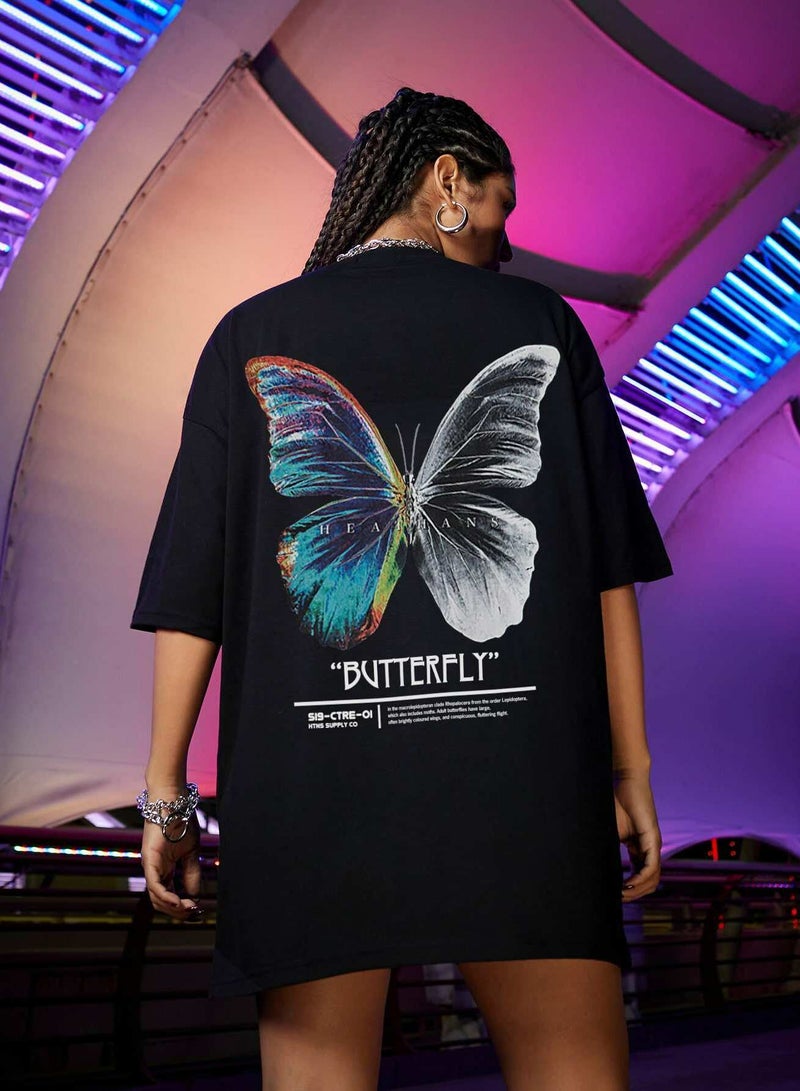 Butterfly & Slogan Graphic Oversized Tee