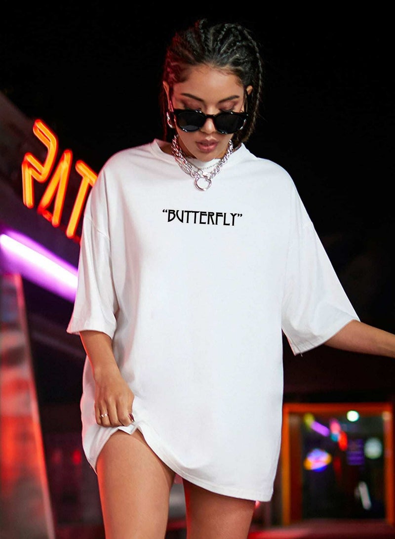 Butterfly & Slogan Graphic Oversized Tee