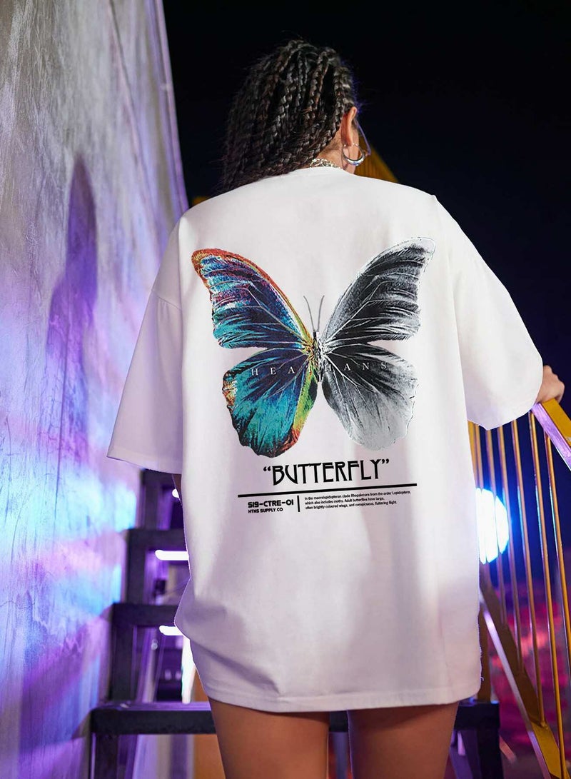 Butterfly & Slogan Graphic Oversized Tee