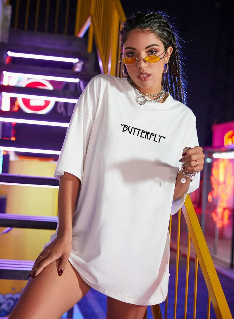 Butterfly & Slogan Graphic Oversized Tee