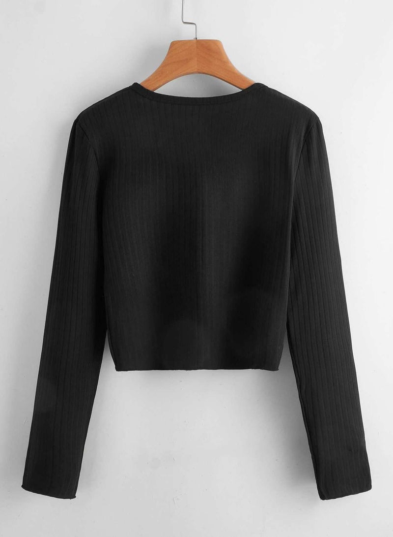 Button Front Rib-Knit Crop Tee