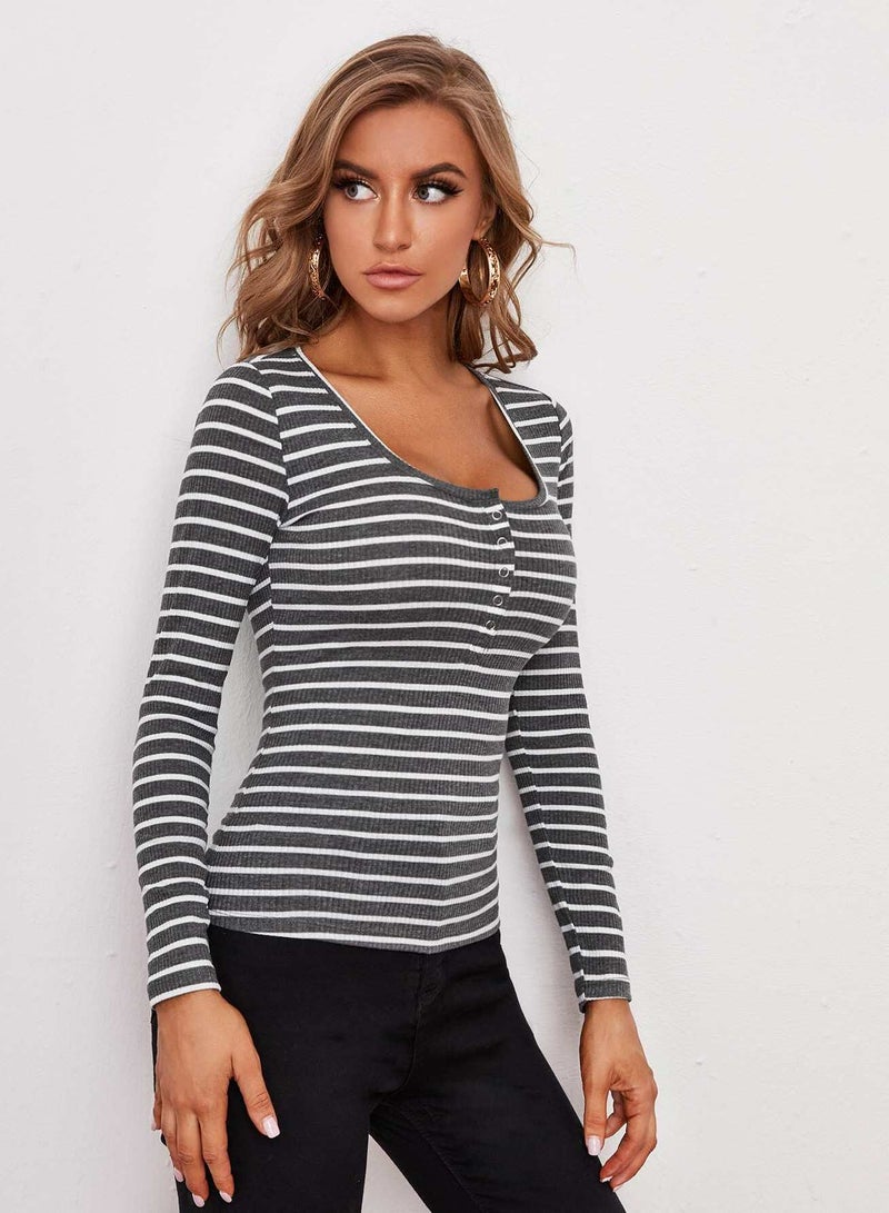 Button Half Placket Striped Tee