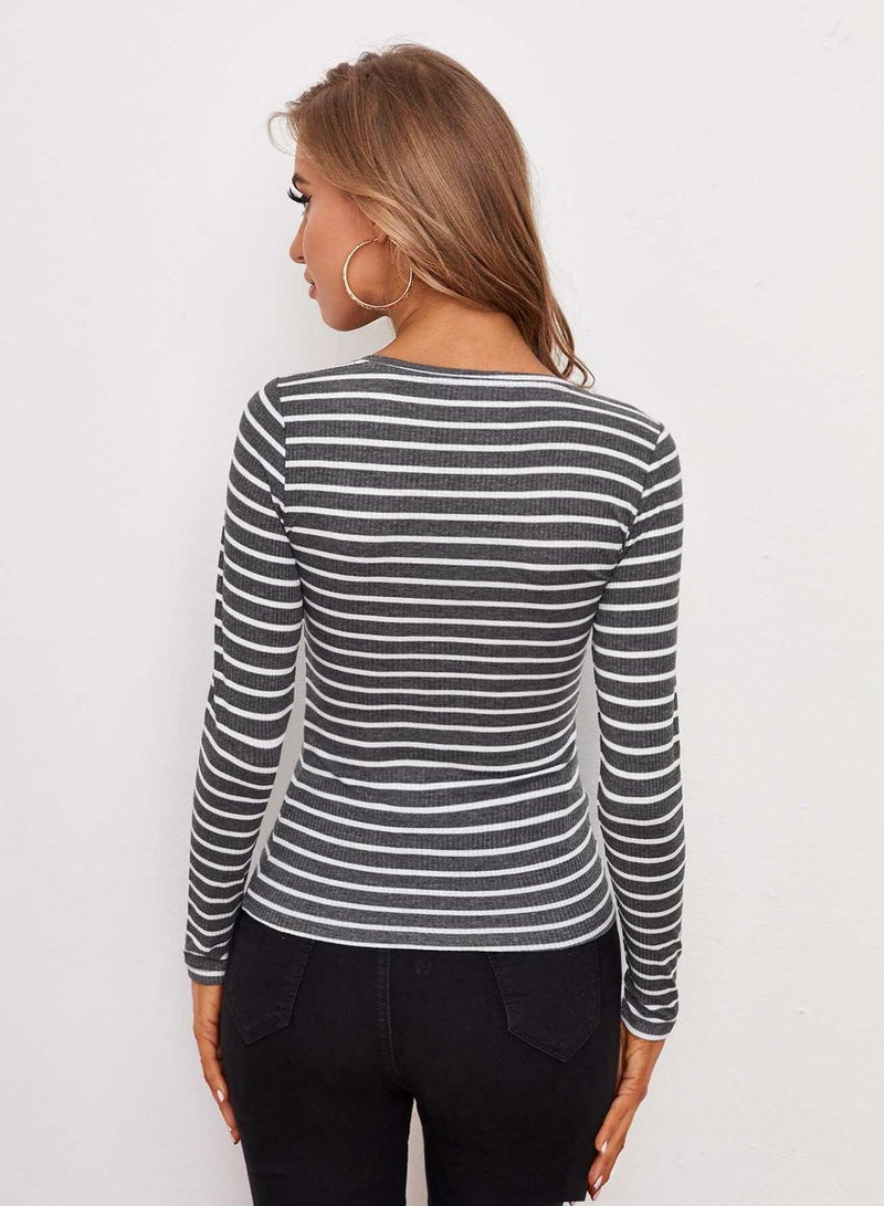 Button Half Placket Striped Tee