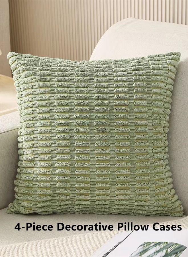 Set of 4 Decorative Cushion Cover Pillow Cases Corduroy Green 45 x 45 Centimeter