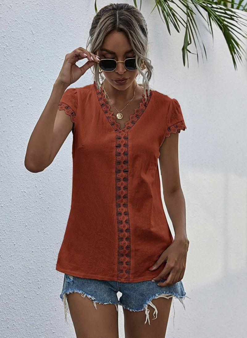 Guipure Lace Trim Solid Blouse