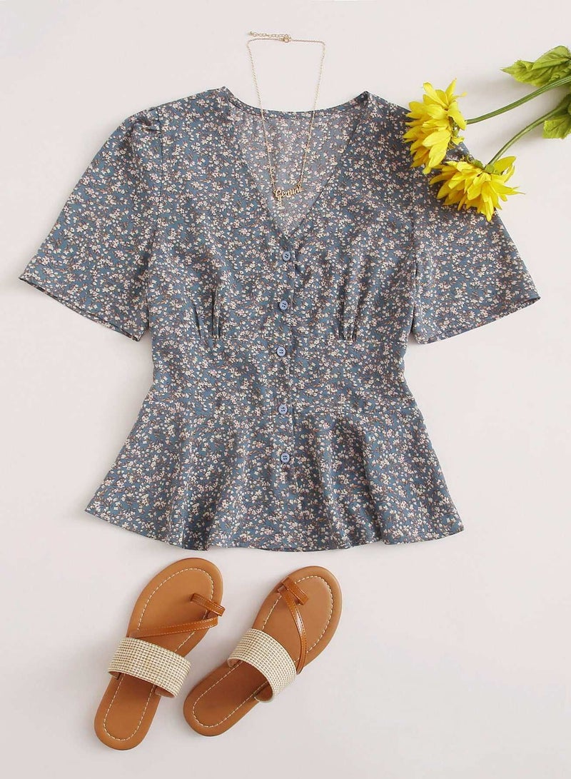 Ditsy Floral V-neck Puff Sleeve Peplum Blouse