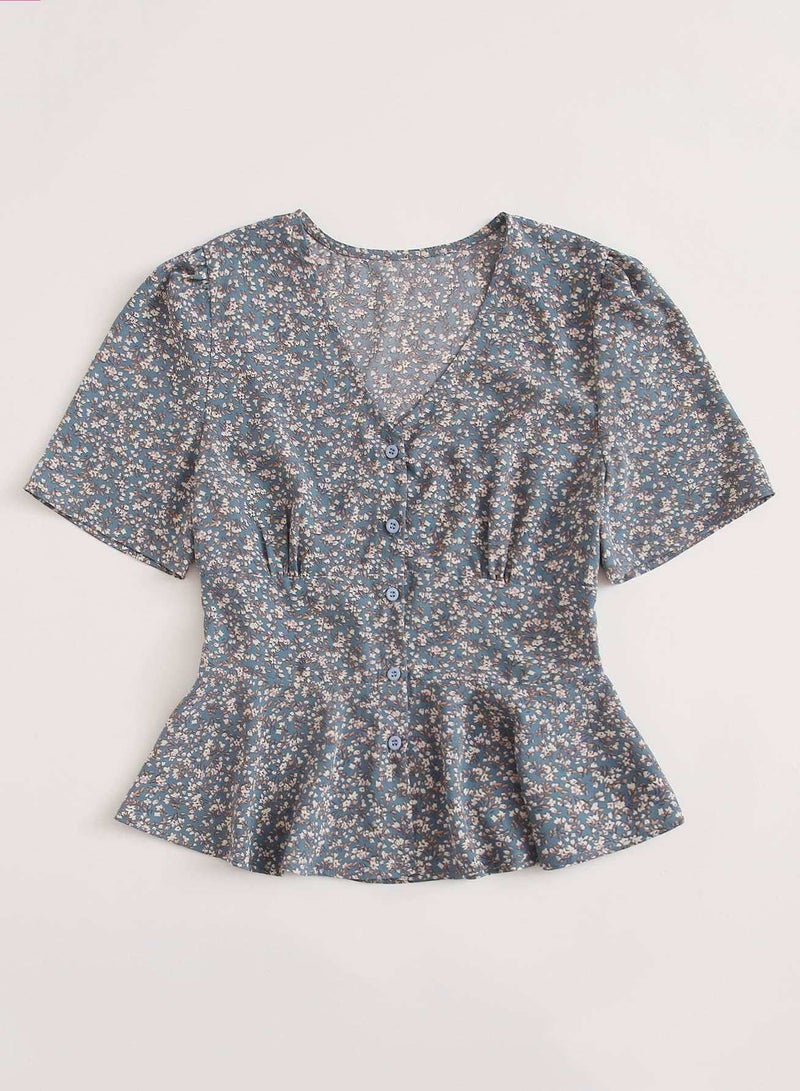 Ditsy Floral V-neck Puff Sleeve Peplum Blouse