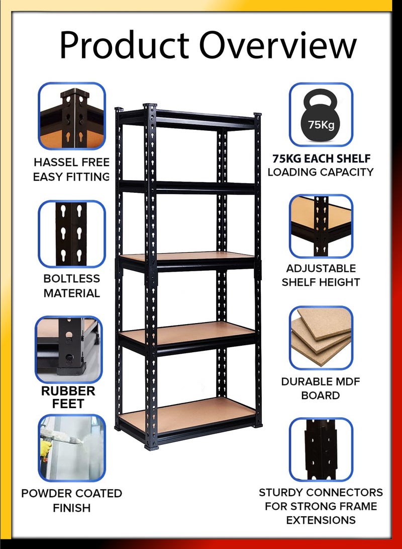 Adjustable 5 Tier Layer Shelf Metal Compartment Shelving Unit Storage Organiser Utility Display Rack Shelves For Garage Home Office Kitchen Dishes Toilet Bathroom Warehouse With Rubber Hammer