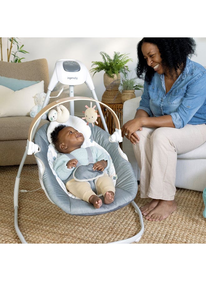 Simple Comfort Compact Soothing Swing With USB Cord, Safety Harness, 2 Featuring Toys And Sounds, 0 - 9 Months, Parker