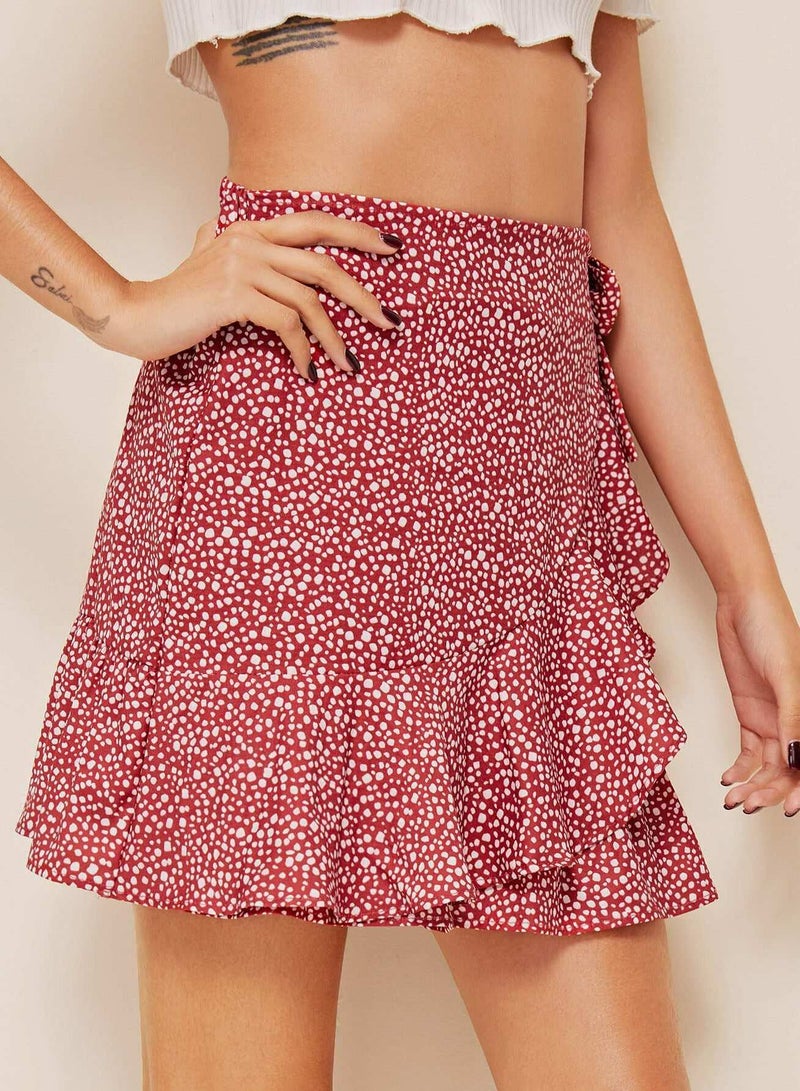 Dalmatian Print Ruffle Hem Knot Wrap Skirt