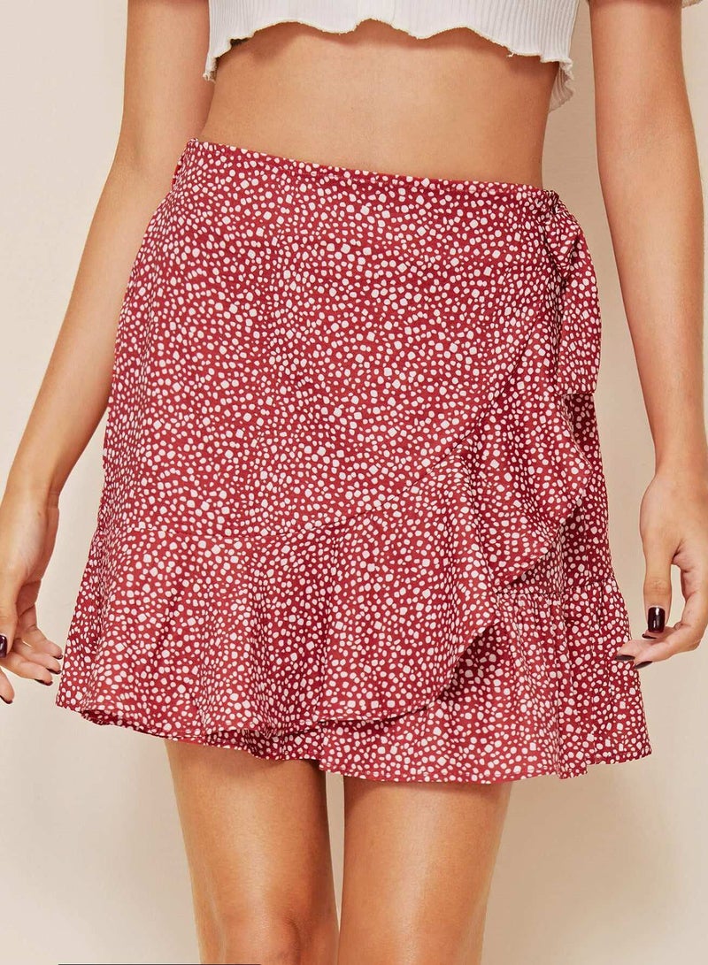 Dalmatian Print Ruffle Hem Knot Wrap Skirt