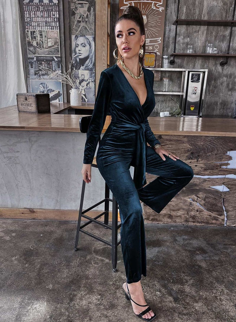 Solid Surplice Front Belted Velvet Jumpsuit