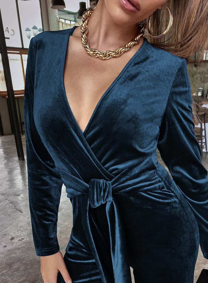 Solid Surplice Front Belted Velvet Jumpsuit