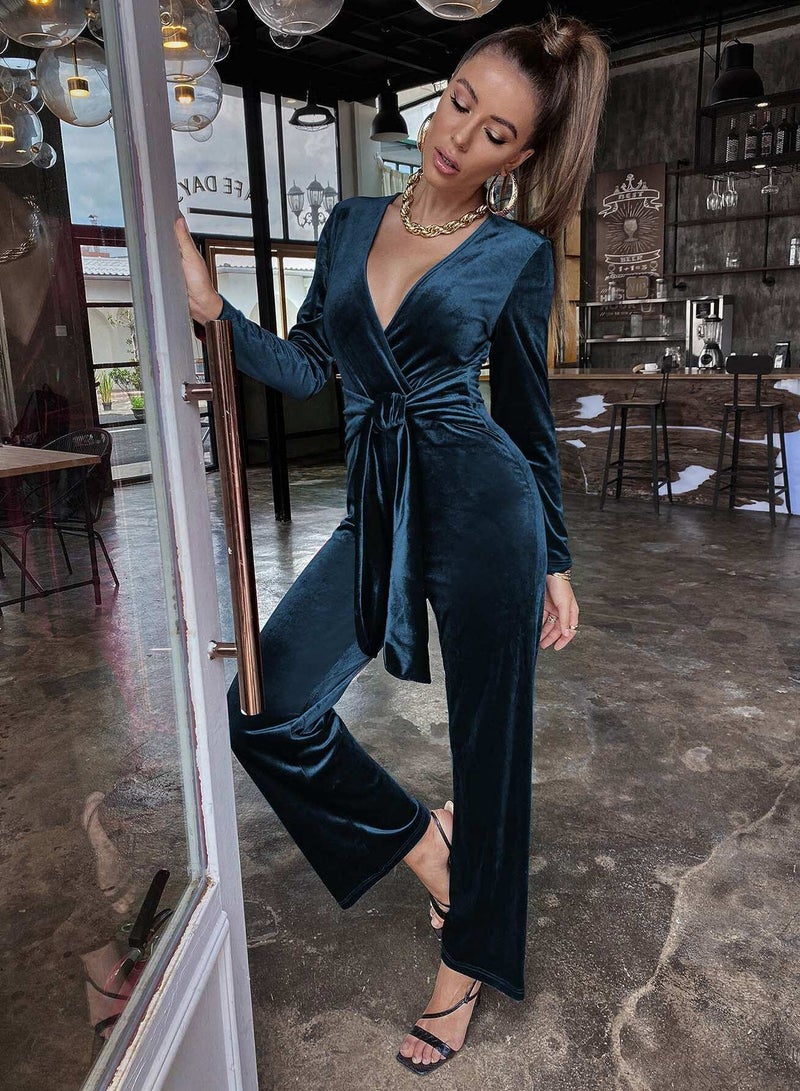 Solid Surplice Front Belted Velvet Jumpsuit