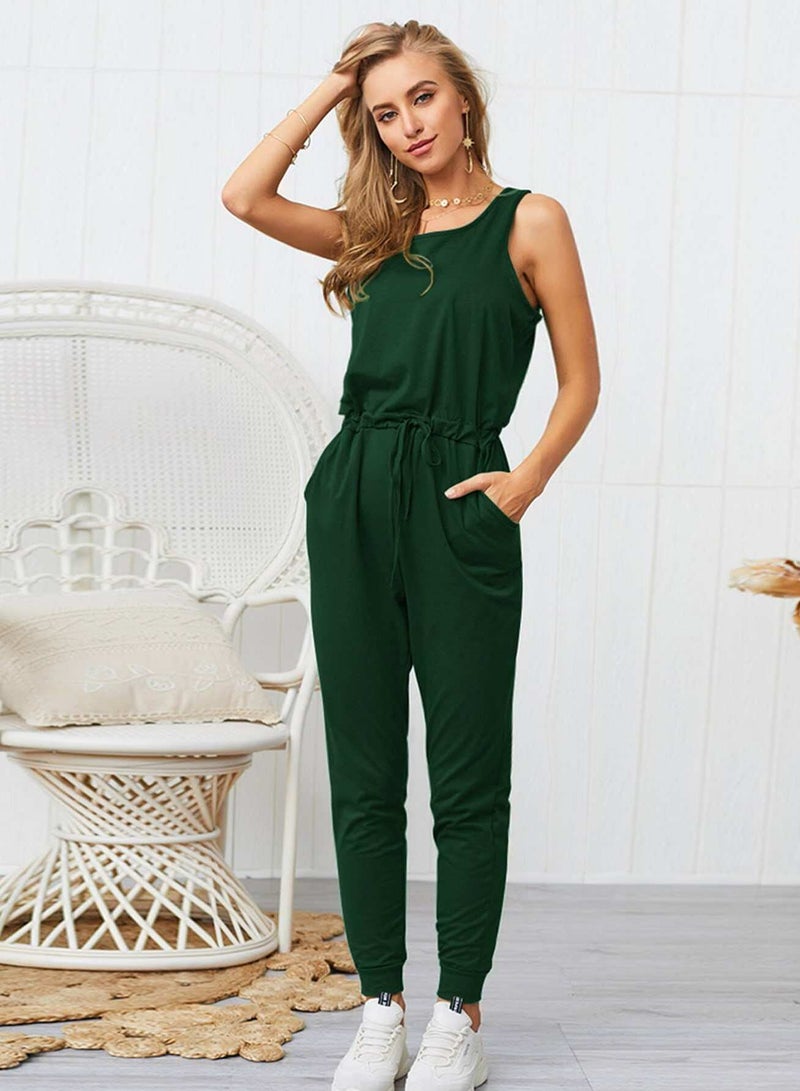 Slant Pockets Drawstring Waist Tank Jumpsuit