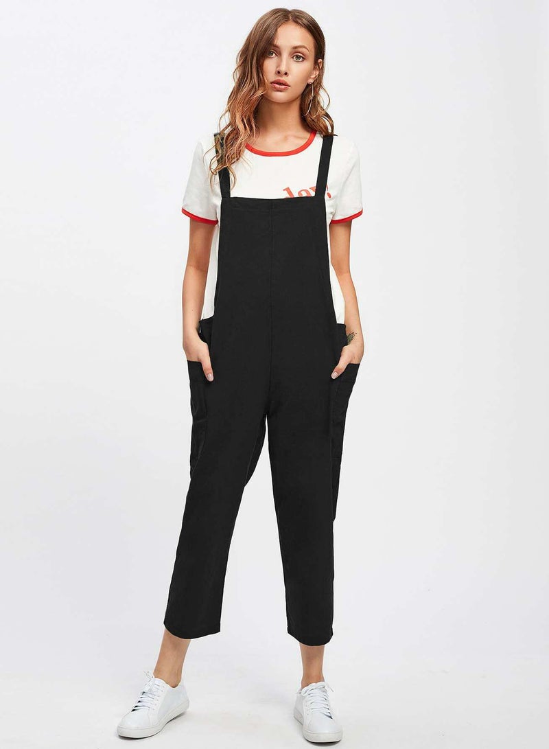 Solid Flap Pocket Capri Utility Overalls