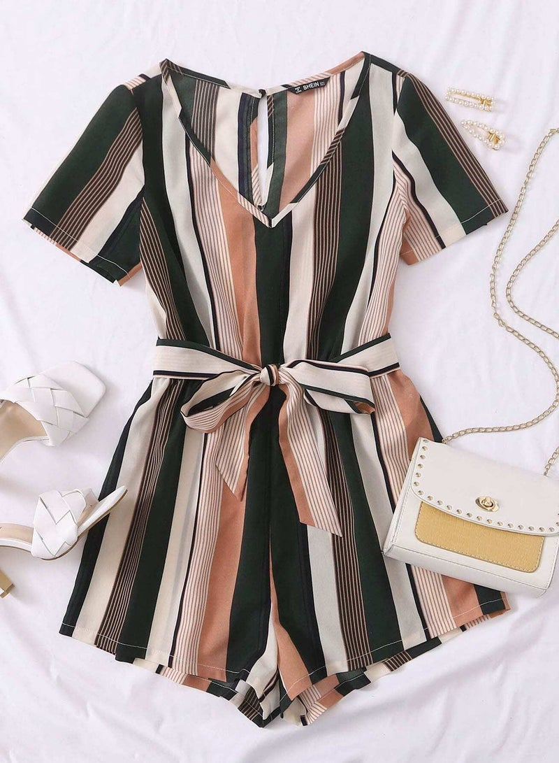 Plus Self Belted Striped Romper