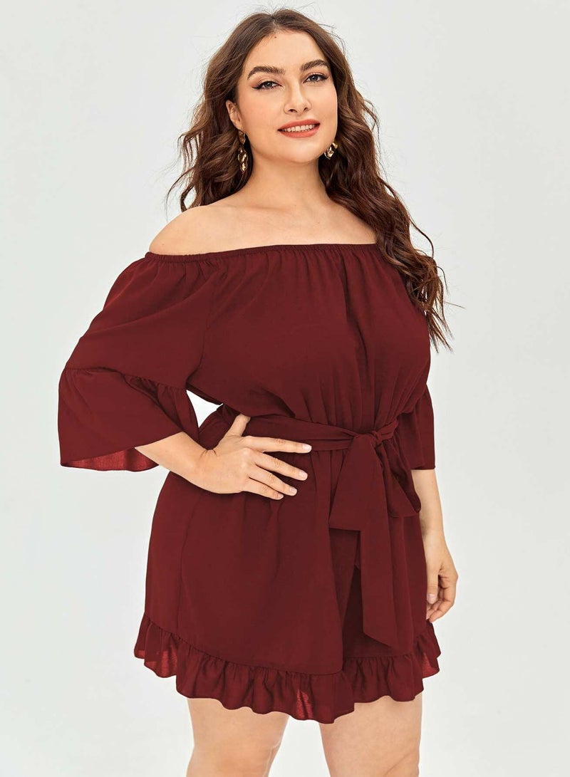 Plus Off The Shoulder Flounce Sleeve Belted Romper