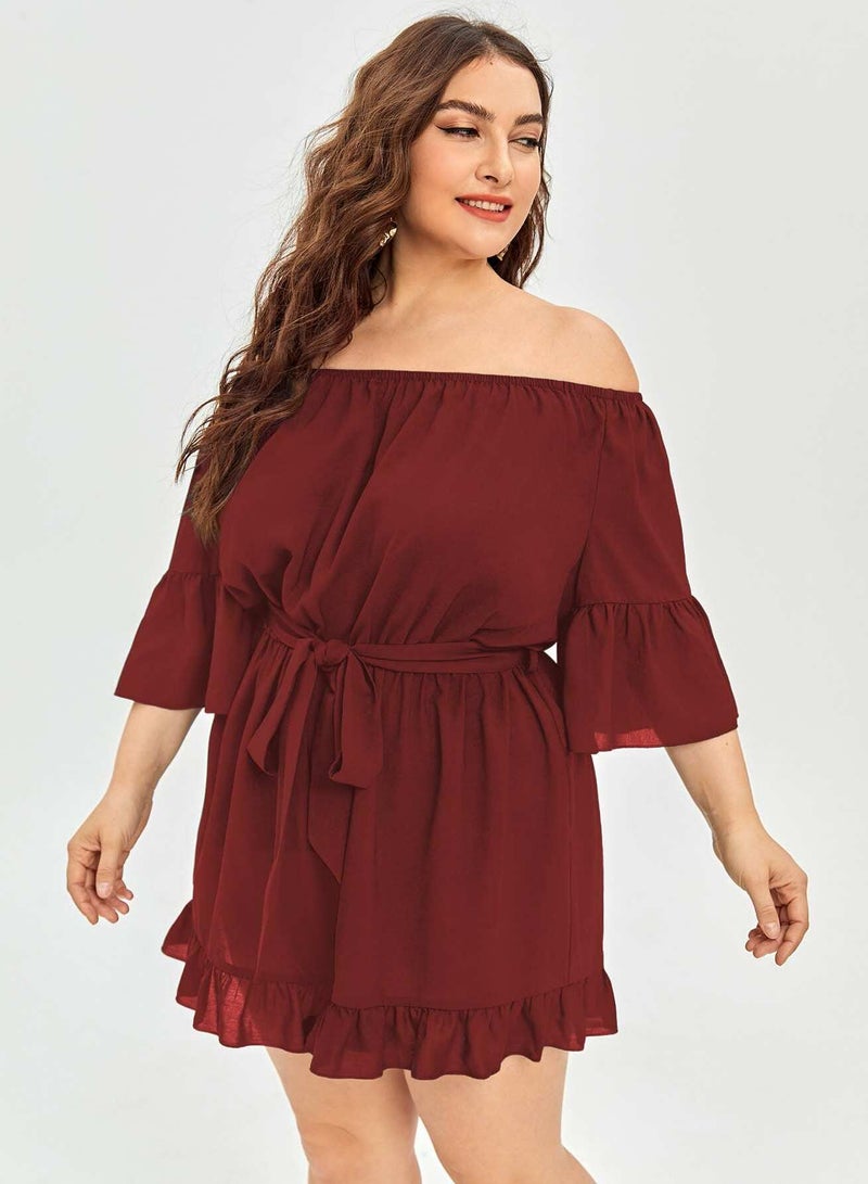 Plus Off The Shoulder Flounce Sleeve Belted Romper