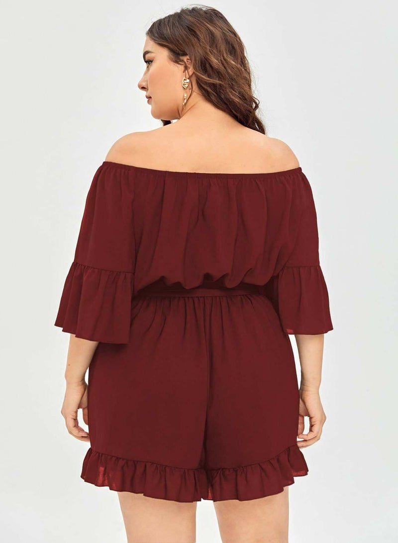 Plus Off The Shoulder Flounce Sleeve Belted Romper