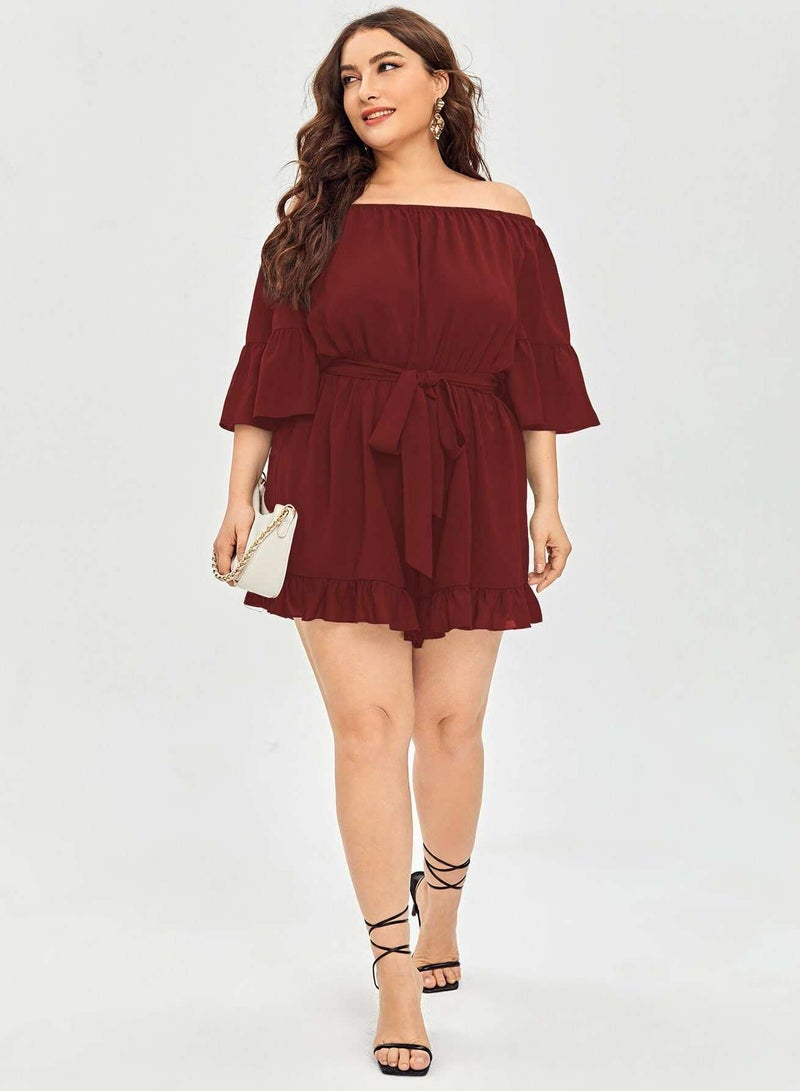 Plus Off The Shoulder Flounce Sleeve Belted Romper