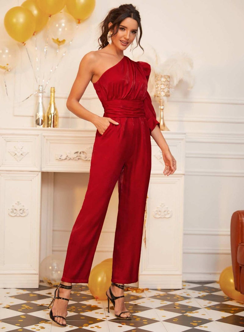 One Shoulder Puff Sleeve Ruched Waist Silky Jumpsuit