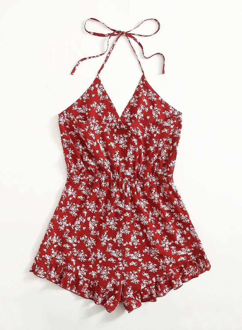 Tie Back Ruffle Hem Ditsy Floral Halter Romper