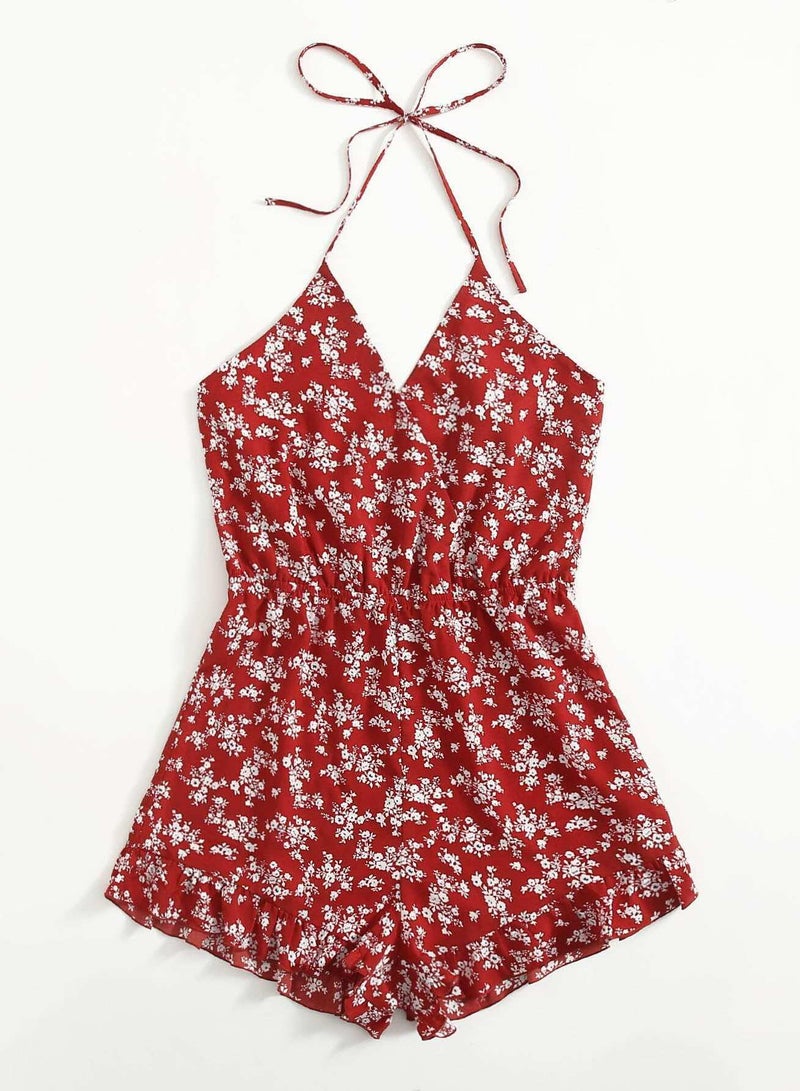 Tie Back Ruffle Hem Ditsy Floral Halter Romper