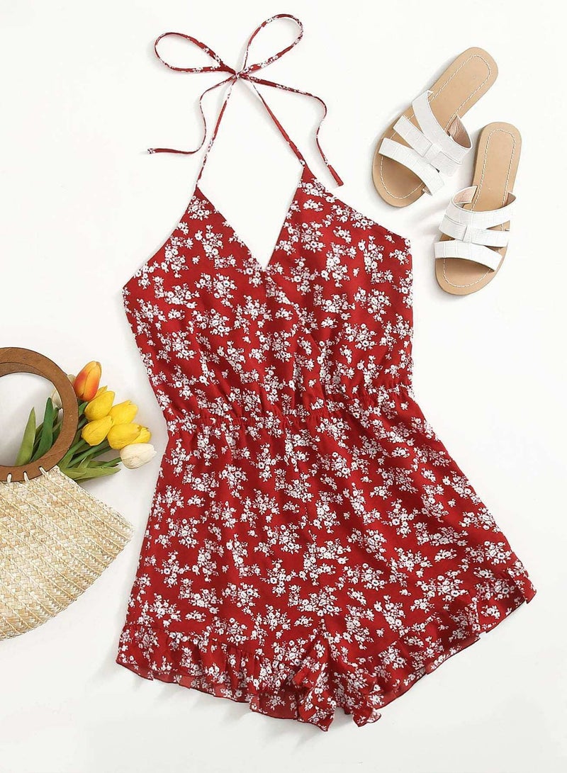 Tie Back Ruffle Hem Ditsy Floral Halter Romper