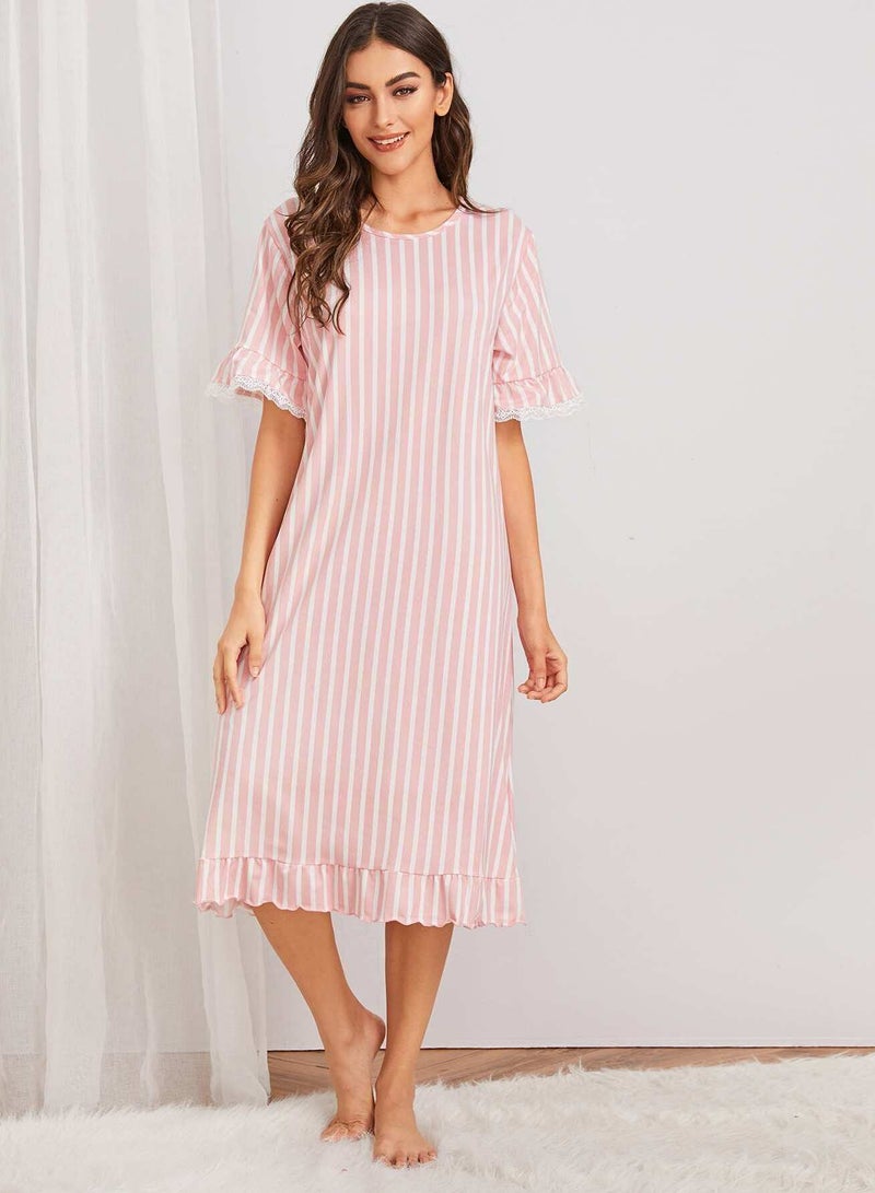 Striped Lace Trim Ruffle Night Dress