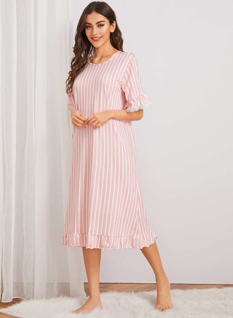 Striped Lace Trim Ruffle Night Dress