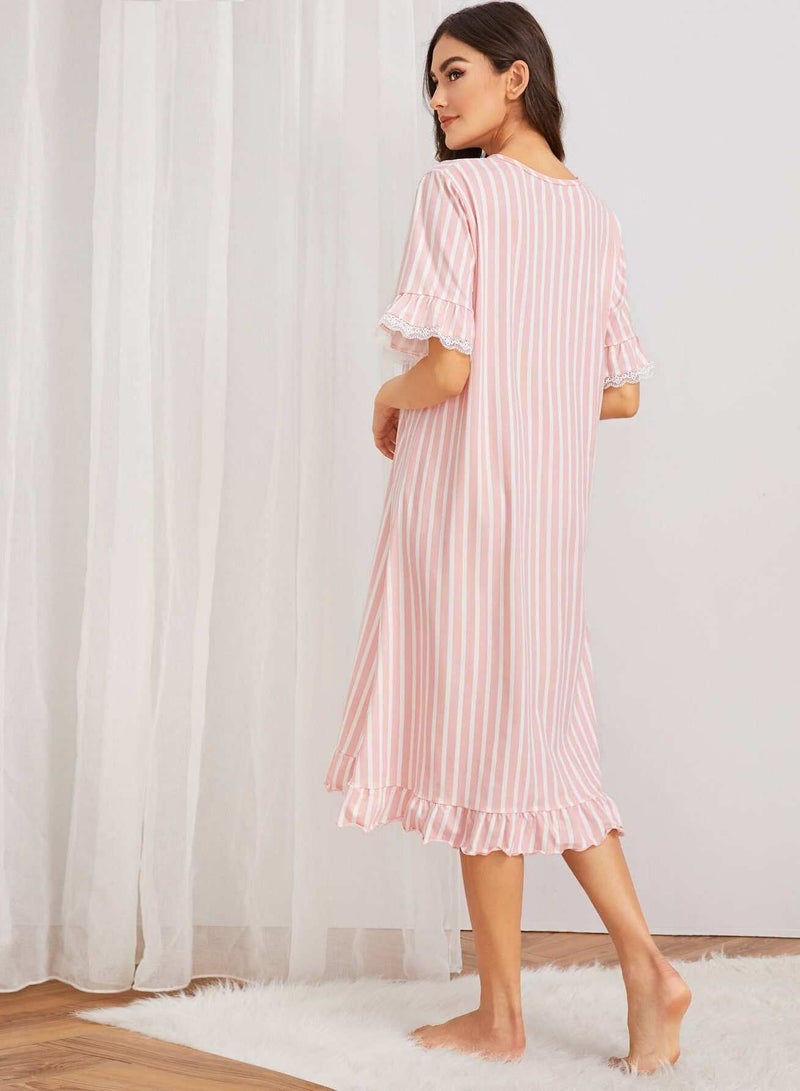 Striped Lace Trim Ruffle Night Dress