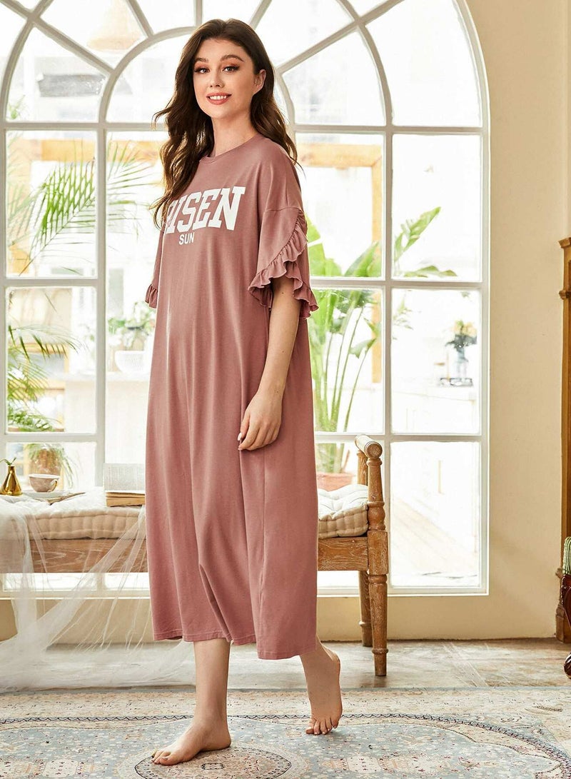 Drop Shoulder Ruffle Cuff Letter Graphic Nightdress