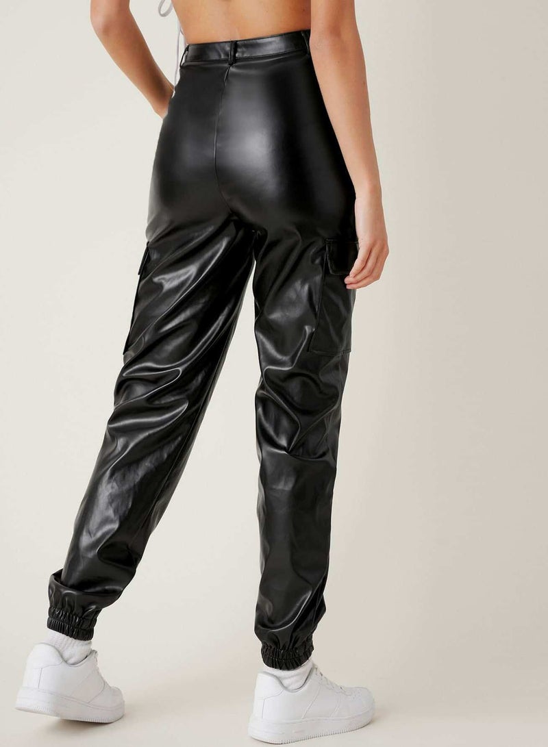 Zipper Fly Flap Pocket PU Pants