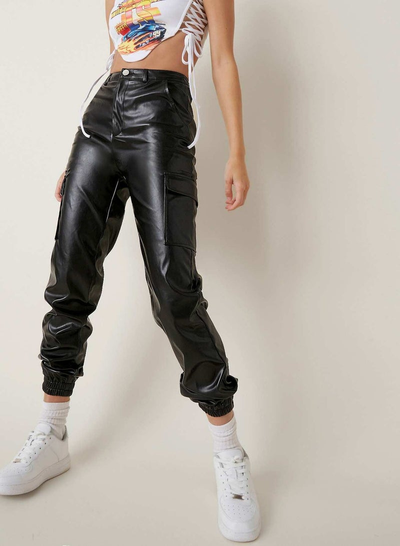 Zipper Fly Flap Pocket PU Pants