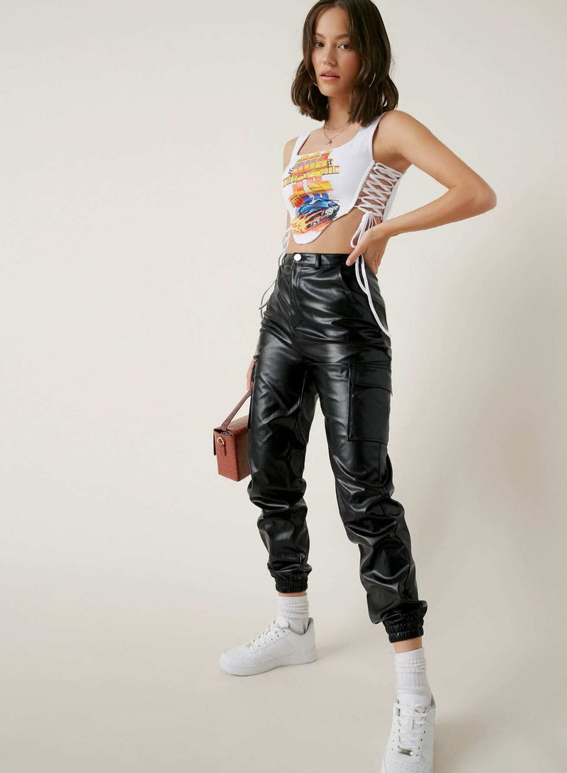 Zipper Fly Flap Pocket PU Pants