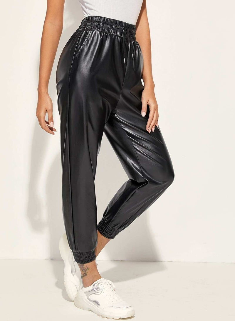 Drawstring Waist PU Leather Pants