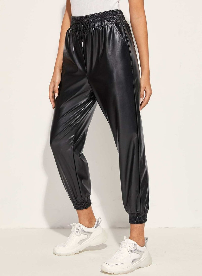 Drawstring Waist PU Leather Pants