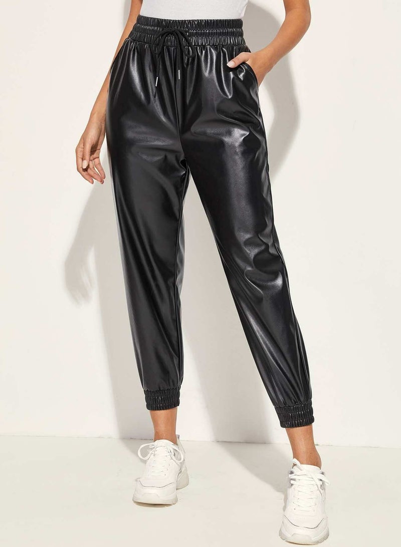 Drawstring Waist PU Leather Pants