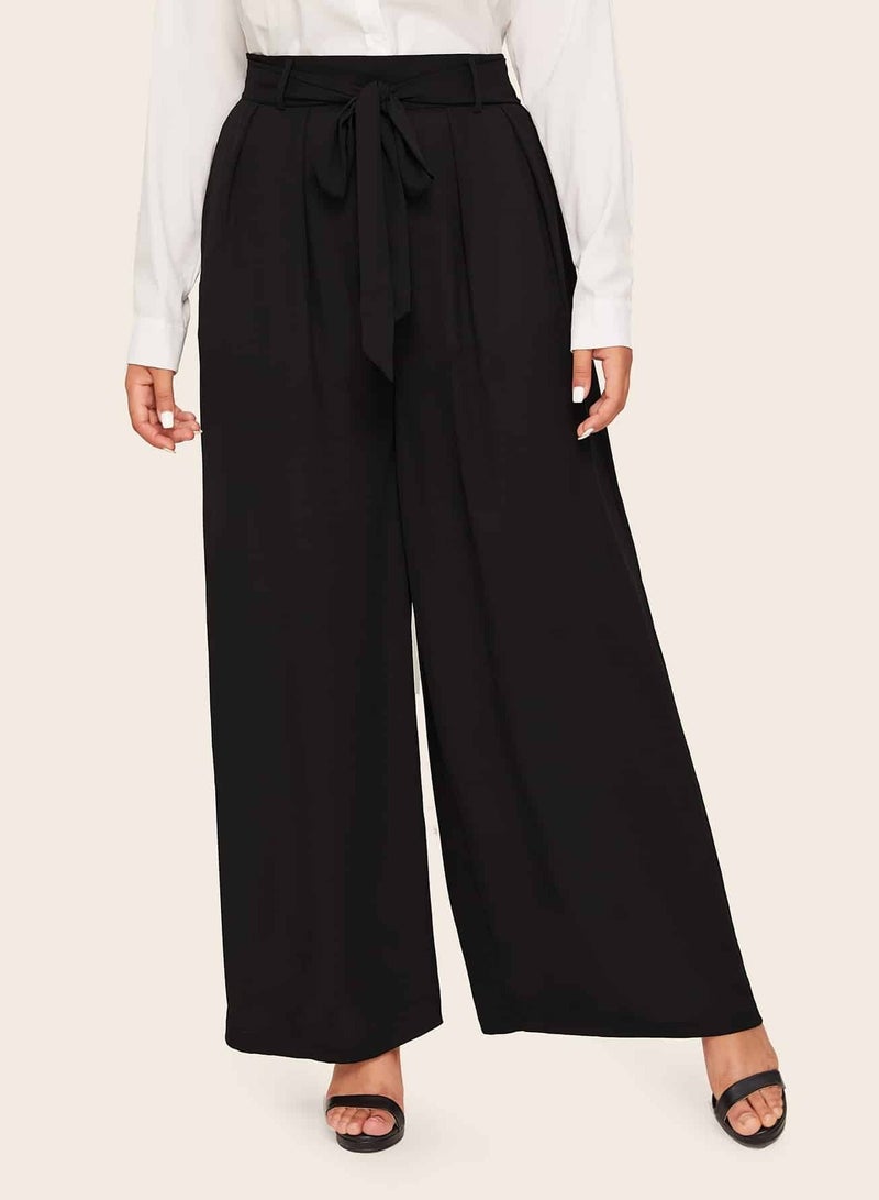 Plus Self Belted Pleated Detail Wide Leg Pants