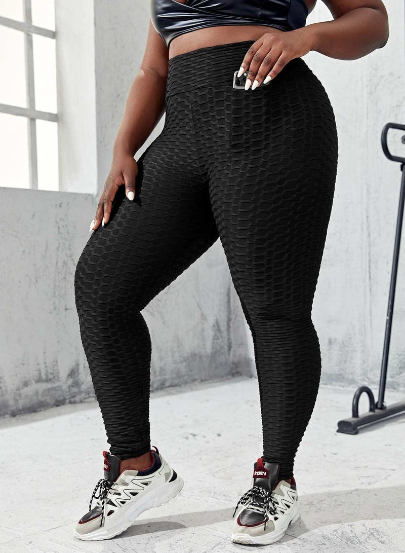 Plus Textured Wideband Waist Sports Leggings With Phone Pocket